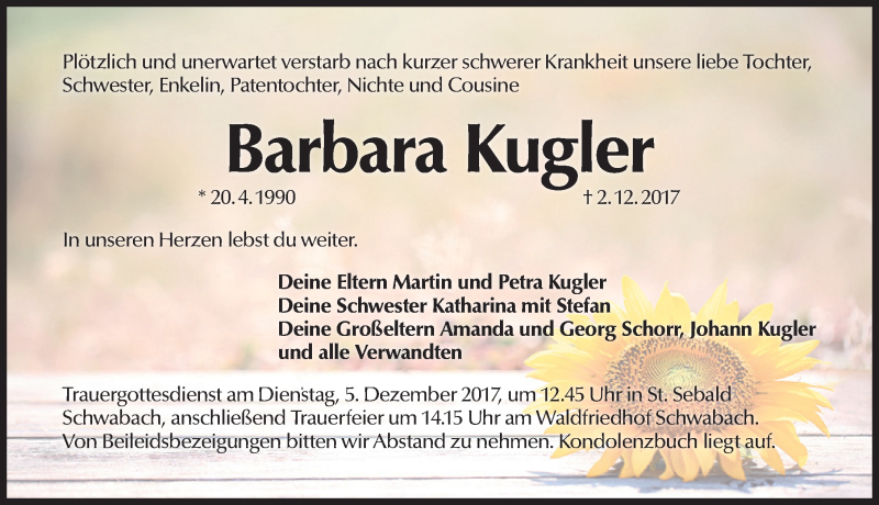  Traueranzeige für Barbara Kugler vom 04.12.2017 aus Schwabach