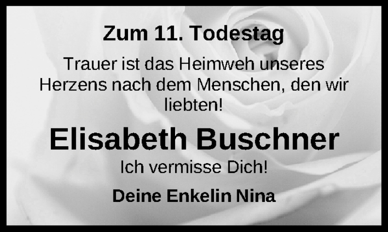  Traueranzeige für Elisabeth Buschner vom 22.12.2017 aus Erlanger Nachrichten/ Nordbayer. Nachrichten Forchheim