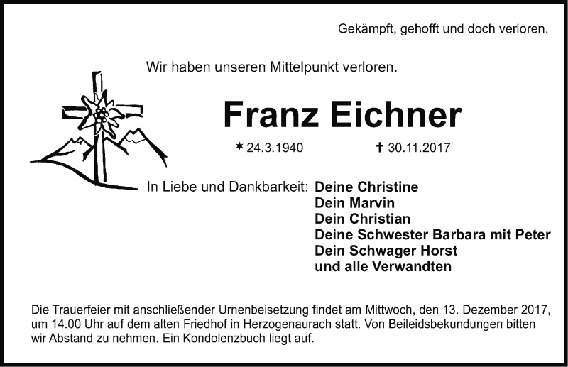  Traueranzeige für Franz Eichner vom 02.12.2017 aus Nordbayerische Nachrichten Herzogenaurach Lokal