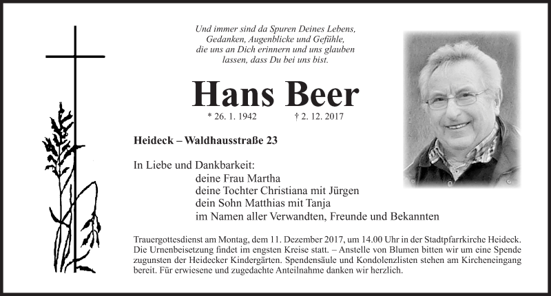  Traueranzeige für Hans Beer vom 08.12.2017 aus Roth-Hilpoltsteiner Volkszeitung Lokal