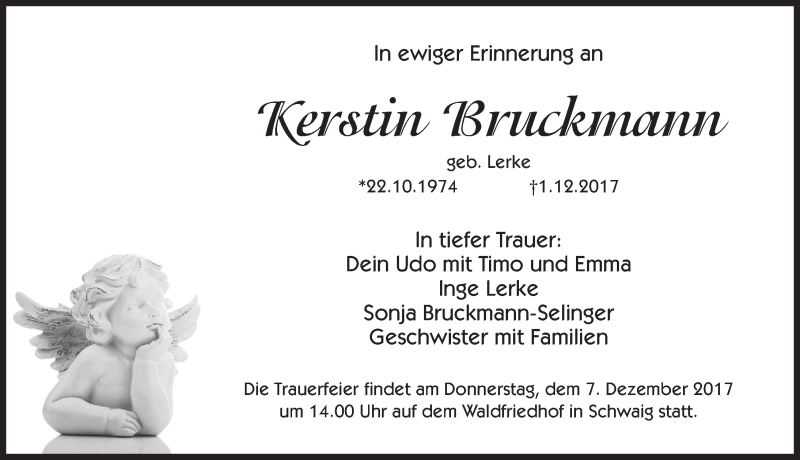 Traueranzeige für Kerstin Bruckmann vom 04.12.2017 aus Gesamtausgabe Nürnberger Nachrichten/ Nürnberger Ztg.