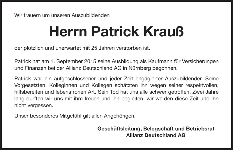  Traueranzeige für Patrick Krauß vom 27.12.2017 aus Gesamtausgabe Nürnberger Nachrichten/ Nürnberger Ztg.
