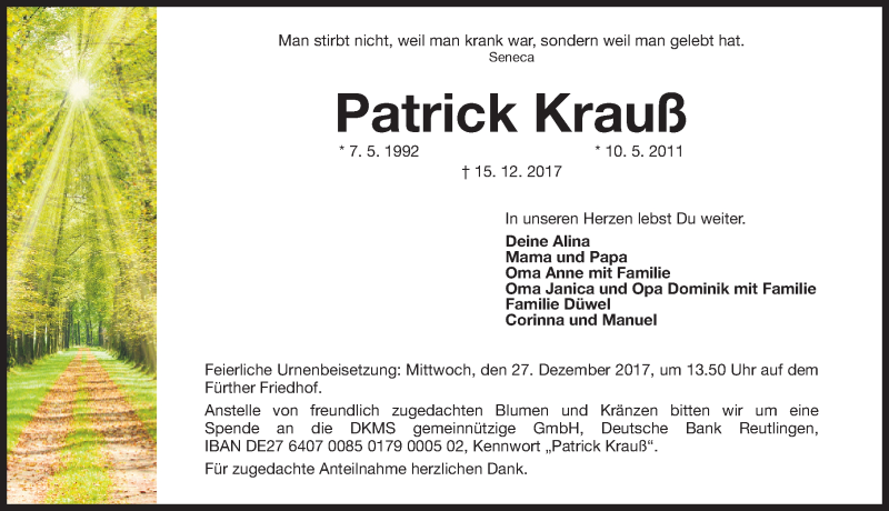  Traueranzeige für Patrick Krauß vom 23.12.2017 aus Fürther Nachrichten Lokal