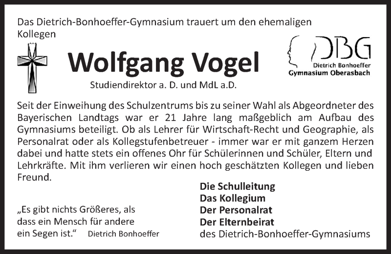  Traueranzeige für Wolfgang Vogel vom 16.12.2017 aus Fürther Nachrichten Lokal