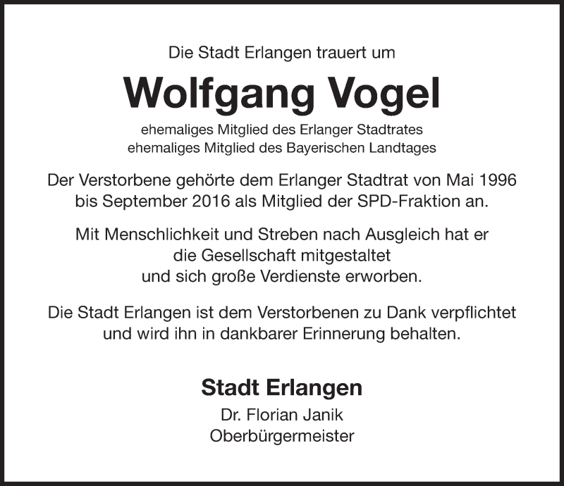  Traueranzeige für Wolfgang Vogel vom 16.12.2017 aus Erlanger Nachrichten Lokal
