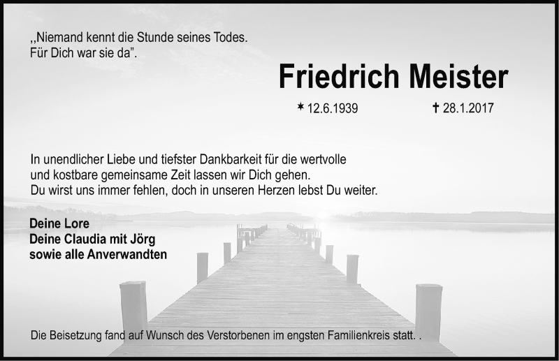 Traueranzeige für Friedrich Meister vom 18.02.2017 aus Erlanger Nachrichten Lokal