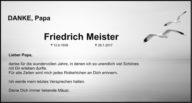  Traueranzeige für Friedrich Meister vom 18.02.2017 aus Nordbayerische Nachrichten Herzogenaurach Lokal