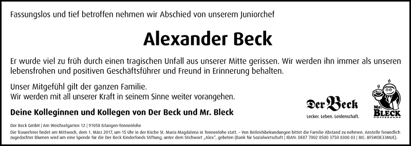  Traueranzeige für Alexander Beck vom 27.02.2017 aus Gesamtausgabe Nürnberger Nachrichten/ Nürnberger Ztg./ Erlanger Nachrichten