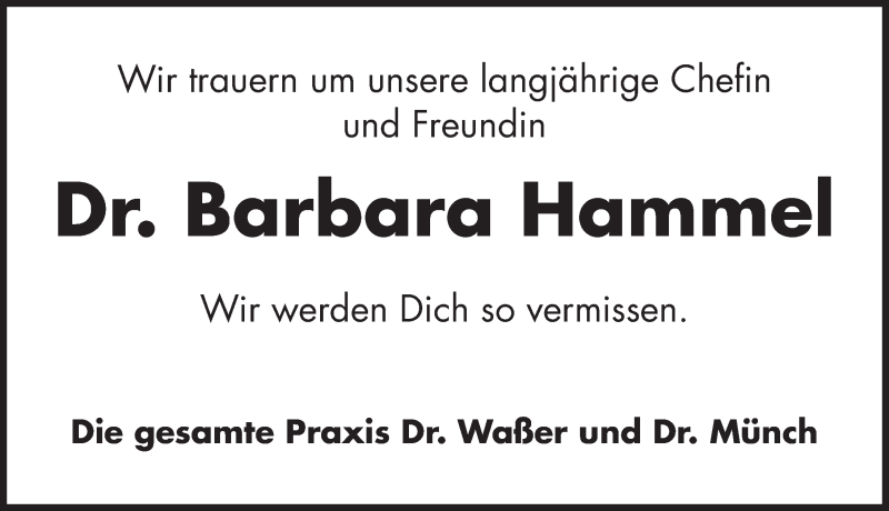  Traueranzeige für Barbara Hammel vom 01.03.2017 aus Roth-Hilpoltsteiner Volkszeitung Lokal