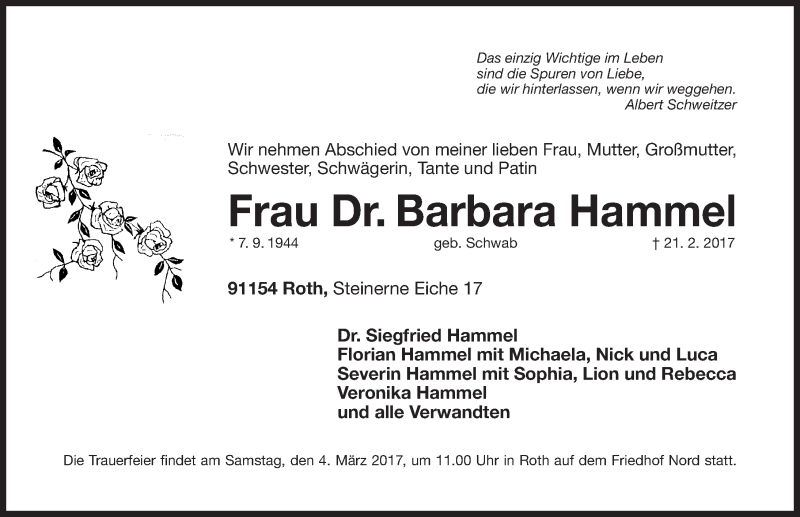 Traueranzeige für Barbara Hammel vom 01.03.2017 aus Roth-Hilpoltsteiner Volkszeitung Lokal
