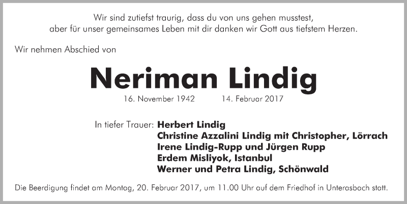  Traueranzeige für Neriman Lindig vom 18.02.2017 aus Fürther Nachrichten Lokal