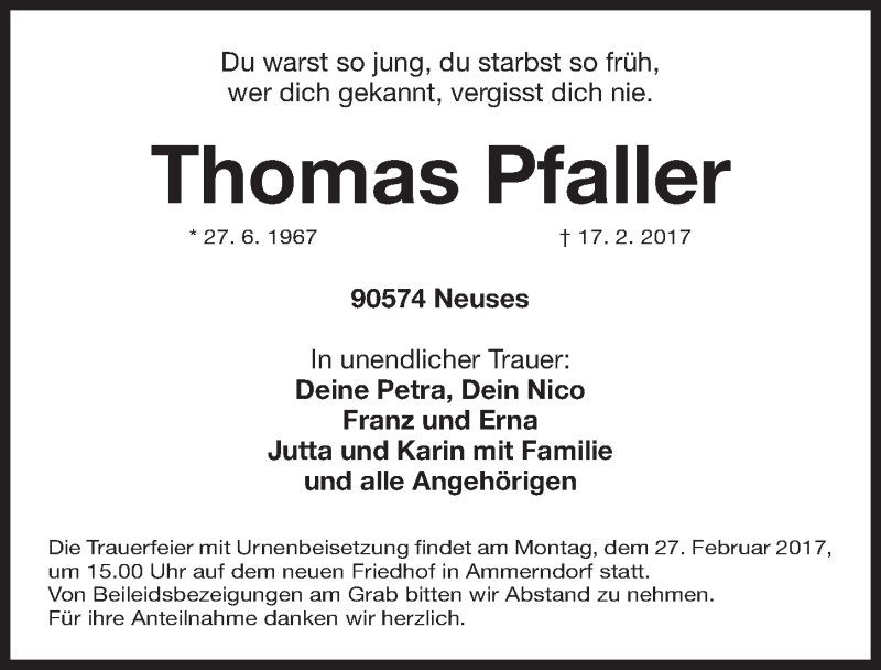  Traueranzeige für Thomas Pfaller vom 23.02.2017 aus Fürther Nachrichten Lokal