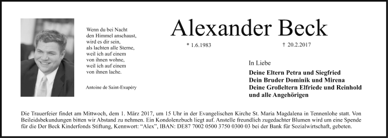  Traueranzeige für Alexander Beck vom 27.02.2017 aus Erlanger Nachrichten Lokal