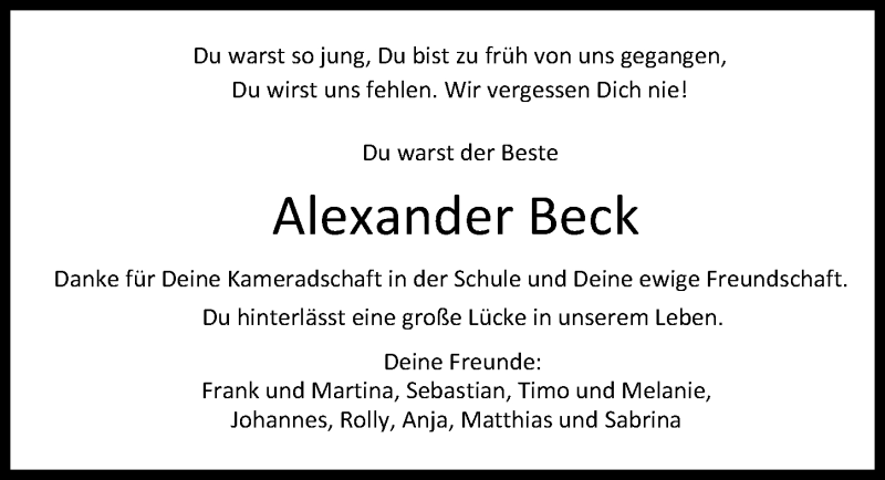  Traueranzeige für Alexander Beck vom 01.03.2017 aus Gesamtausgabe Nürnberger Nachrichten/ Nürnberger Ztg.