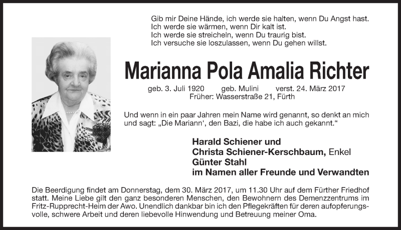  Traueranzeige für Marianna Pola Amalia  Richter vom 28.03.2017 aus Fürther Nachrichten Lokal