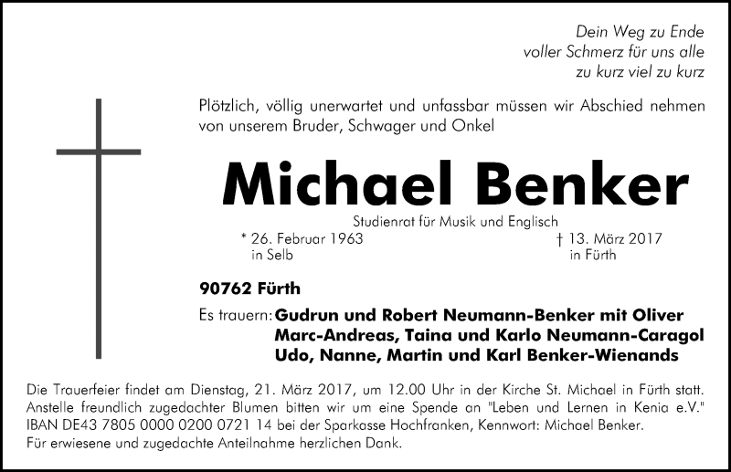  Traueranzeige für Michael Benker vom 18.03.2017 aus Fürther Nachrichten Lokal