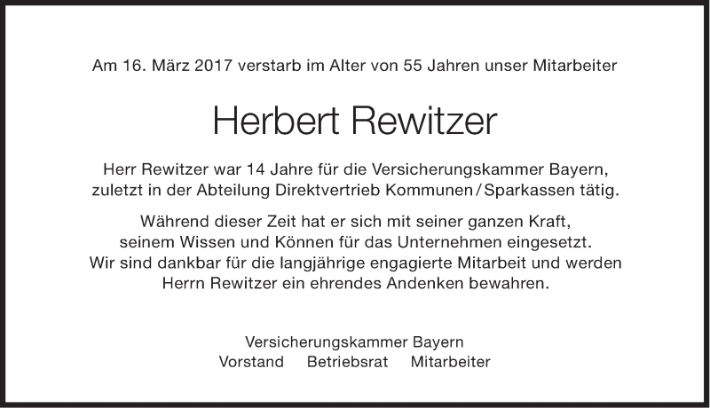  Traueranzeige für Herbert Rewitzer vom 21.03.2017 aus Gesamtausgabe Nürnberger Nachrichten/ Nürnberger Ztg.