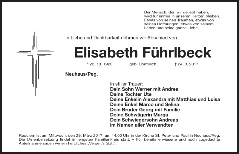  Traueranzeige für Elisabeth Führlbeck vom 27.03.2017 aus Nordbayerische Nachrichten Pegnitz Lokal