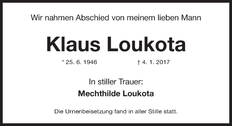  Traueranzeige für Klaus Loukota vom 04.03.2017 aus Gesamtausgabe Nürnberger Nachrichten/ Nürnberger Ztg.