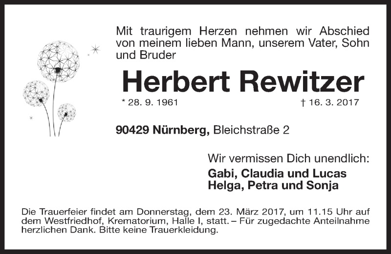  Traueranzeige für Herbert Rewitzer vom 18.03.2017 aus Gesamtausgabe Nürnberger Nachrichten/ Nürnberger Ztg.
