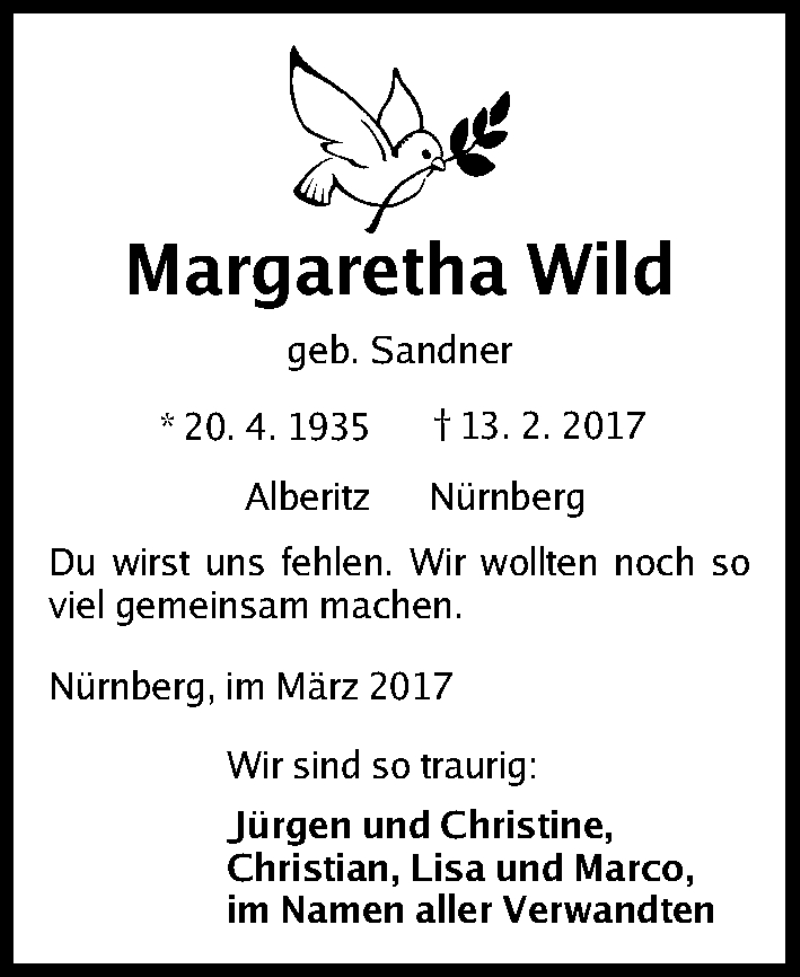  Traueranzeige für Margaretha Wild vom 21.03.2017 aus Gesamtausgabe Nürnberger Nachrichten/ Nürnberger Ztg.