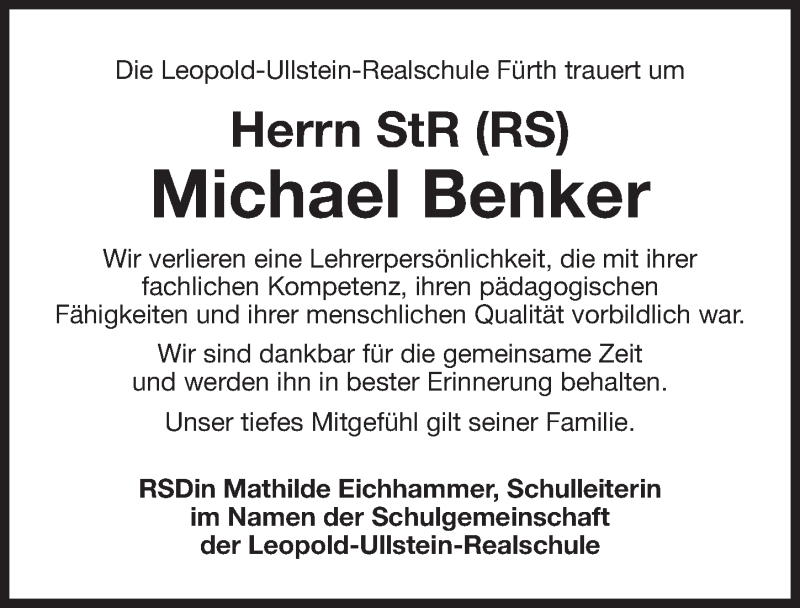  Traueranzeige für Michael Benker vom 20.03.2017 aus Fürther Nachrichten Lokal
