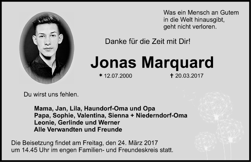  Traueranzeige für Jonas Marquard vom 23.03.2017 aus Nordbayerische Nachrichten Herzogenaurach Lokal