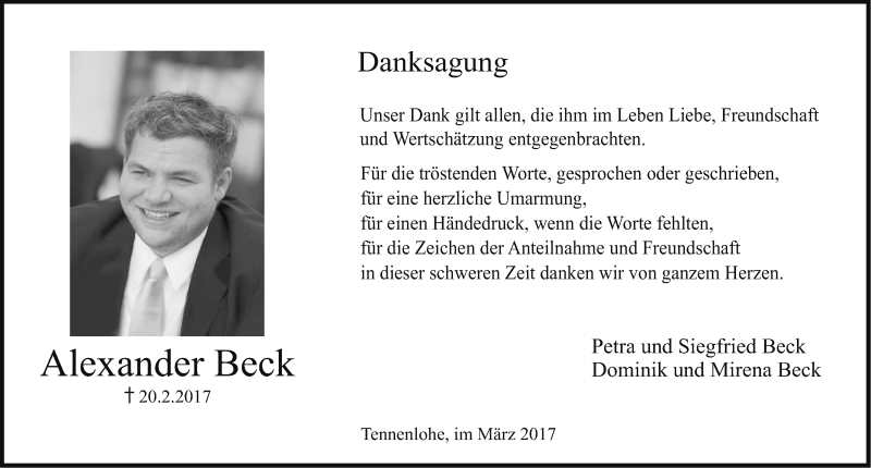 Traueranzeige für Alexander Beck vom 11.03.2017 aus Gesamtausgabe Nürnberger Nachrichten/ Nürnberger Ztg./ Erlanger Nachrichten