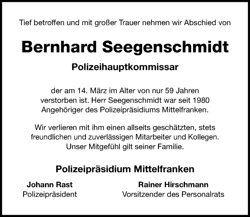  Traueranzeige für Bernhard Seegenschmidt vom 27.03.2017 aus Schwabach