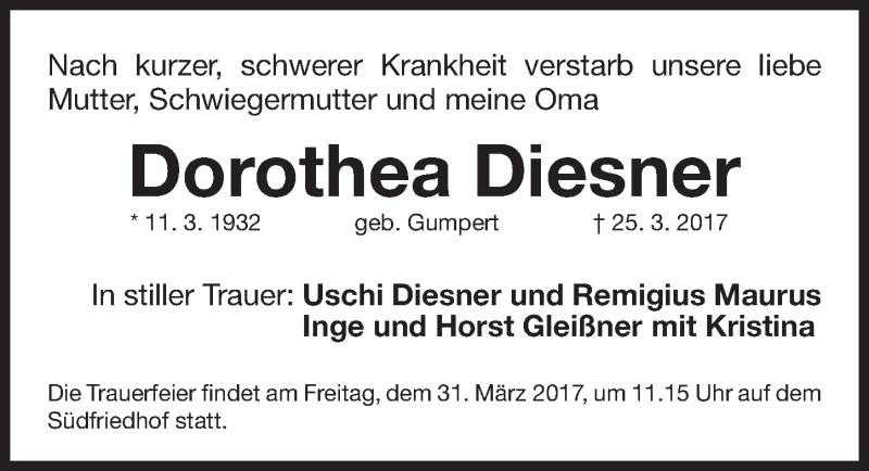  Traueranzeige für Dorothea Diesner vom 27.03.2017 aus Gesamtausgabe Nürnberger Nachrichten/ Nürnberger Ztg.