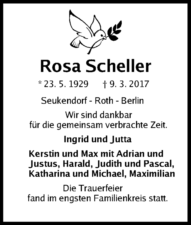  Traueranzeige für Rosa Scheller vom 18.03.2017 aus Fürther Nachrichten/ Roth-Hilpoltsteiner Volkszeitung