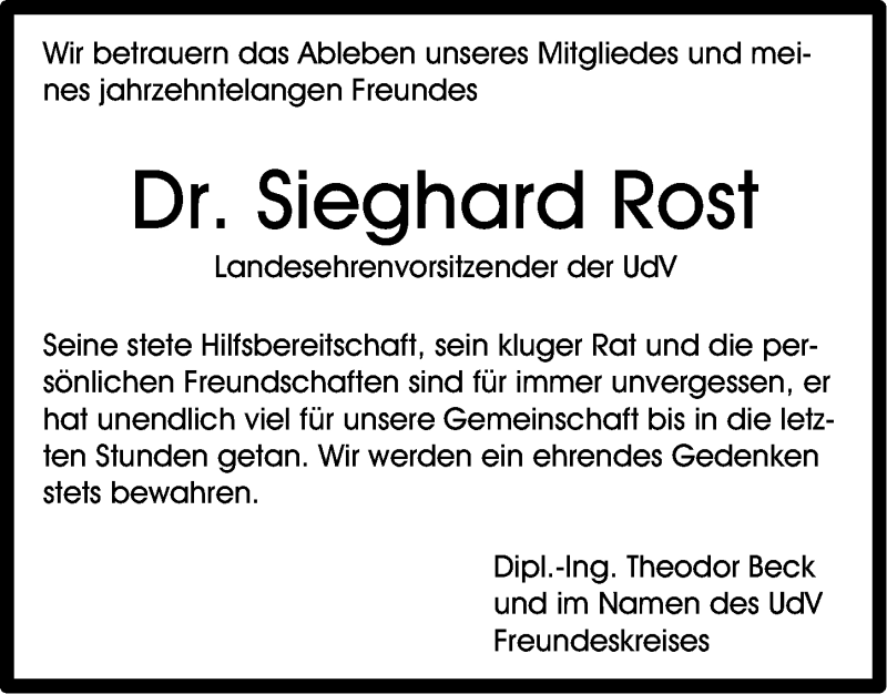  Traueranzeige für Sieghard Rost vom 29.04.2017 aus Gesamtausgabe Nürnberger Nachrichten/ Nürnberger Ztg.