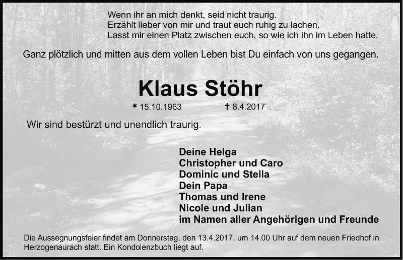  Traueranzeige für Klaus Stöhr vom 11.04.2017 aus Erlanger Nachrichten/ Nordbayer. Nachrichten Herzogenaurach