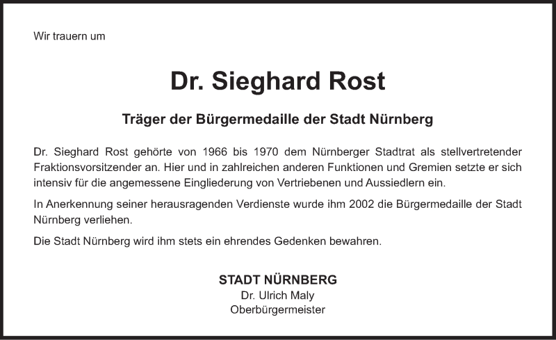  Traueranzeige für Sieghard Rost vom 29.04.2017 aus Gesamtausgabe Nürnberger Nachrichten/ Nürnberger Ztg.