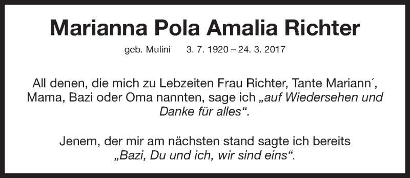  Traueranzeige für Marianna Pola Amalia  Richter vom 05.04.2017 aus Fürther Nachrichten Lokal