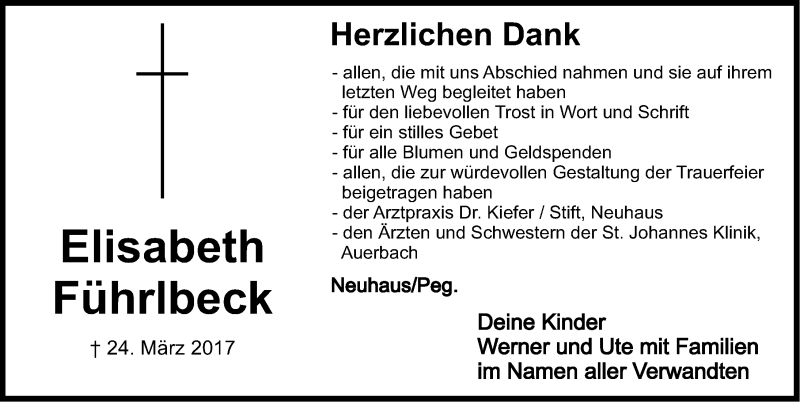  Traueranzeige für Elisabeth Führlbeck vom 08.04.2017 aus Nordbayerische Nachrichten Pegnitz Lokal