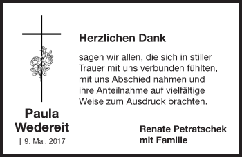 Traueranzeige von Paula Wedereit von Gesamtausgabe Nürnberger Nachrichten/ Nürnberger Ztg.
