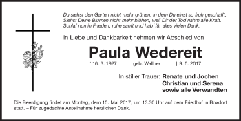 Traueranzeige von Paula Wedereit von Gesamtausgabe Nürnberger Nachrichten/ Nürnberger Ztg.