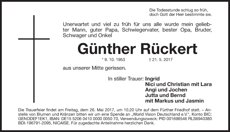  Traueranzeige für Günther Rückert vom 24.05.2017 aus Fürther Nachrichten Lokal