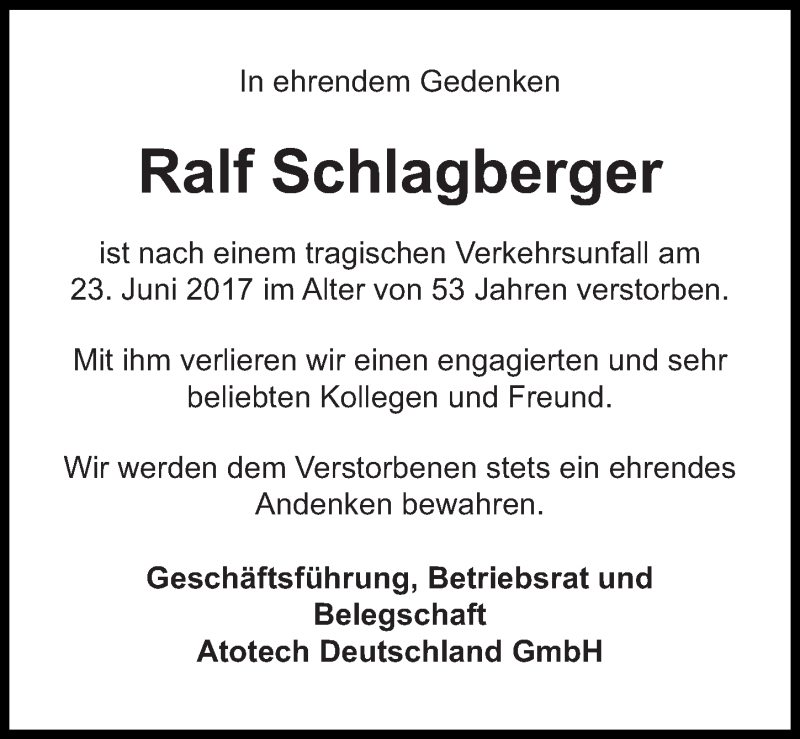  Traueranzeige für Ralf Schlagberger vom 28.06.2017 aus Gesamtausgabe Nürnberger Nachrichten/ Nürnberger Ztg.