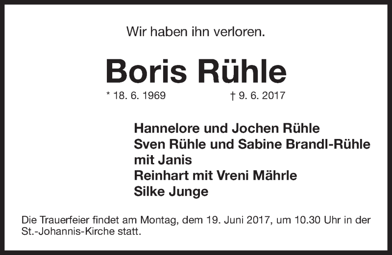  Traueranzeige für Boris Rühle vom 15.06.2017 aus Gesamtausgabe Nürnberger Nachrichten/ Nürnberger Ztg.