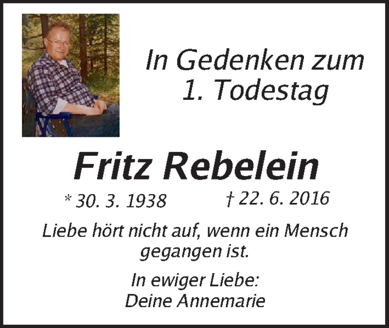  Traueranzeige für Fritz Rebelein vom 22.06.2017 aus Gesamtausgabe Nürnberger Nachrichten/ Nürnberger Ztg.