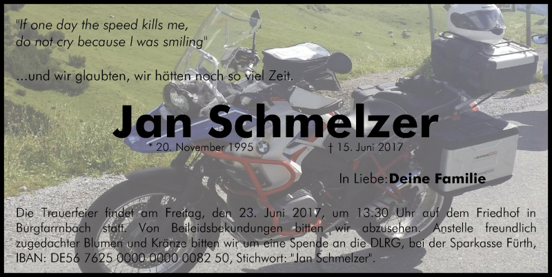  Traueranzeige für Jan Schmelzer vom 21.06.2017 aus Fürther Nachrichten Lokal