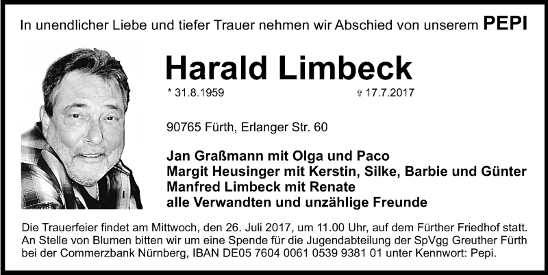  Traueranzeige für Harald Limbeck vom 22.07.2017 aus Gesamtausgabe Nürnberger Nachrichten/ Nürnberger Ztg./ Fürther Nachrichten