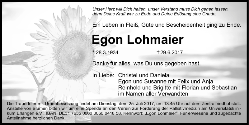  Traueranzeige für Egon Lohmaier vom 22.07.2017 aus Erlanger Nachrichten Lokal