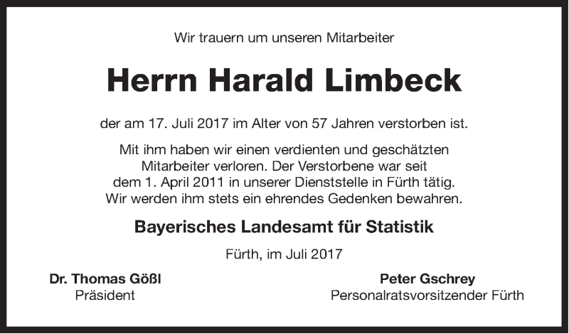  Traueranzeige für Harald Limbeck vom 22.07.2017 aus Gesamtausgabe Nürnberger Nachrichten/ Nürnberger Ztg.