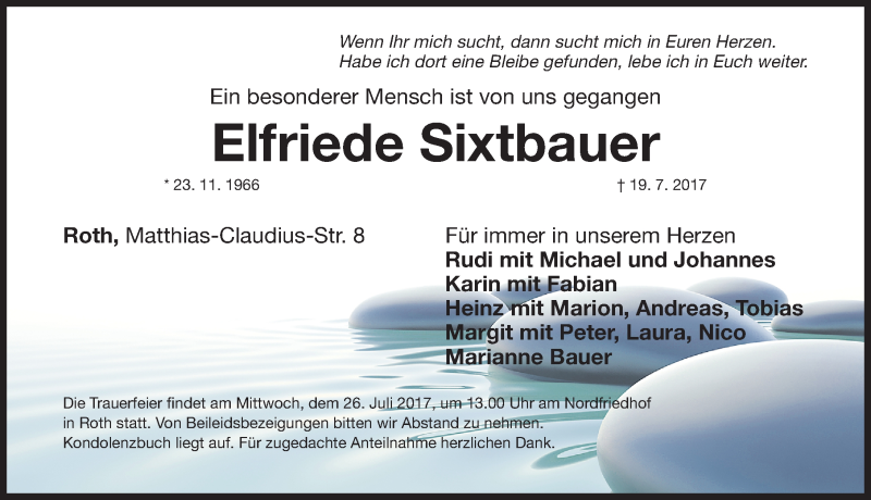  Traueranzeige für Elfriede Sixtbauer vom 22.07.2017 aus Roth-Hilpoltsteiner Volkszeitung Lokal