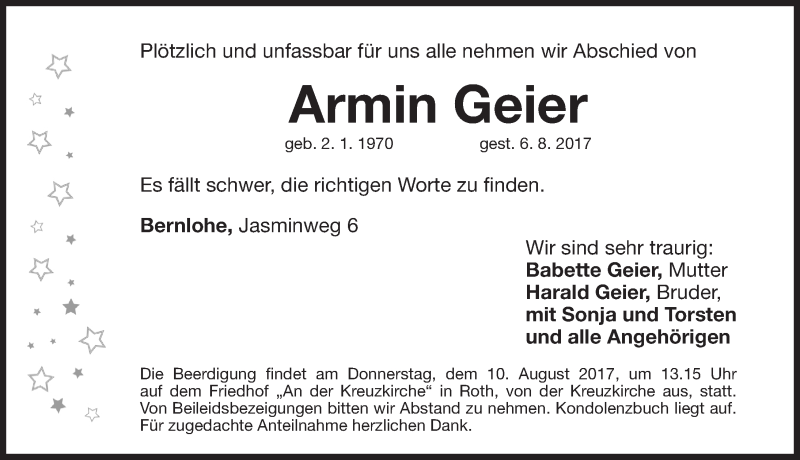  Traueranzeige für Armin Geier vom 08.08.2017 aus Roth-Hilpoltsteiner Volkszeitung Lokal