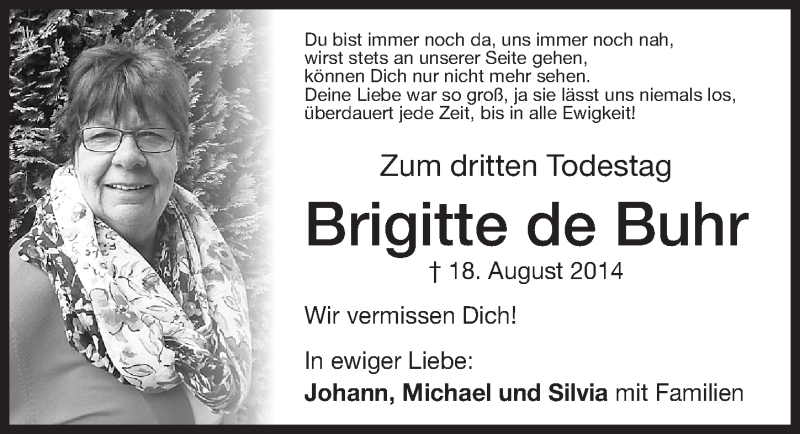  Traueranzeige für Brigitte de Buhr vom 18.08.2017 aus Altmühl-Bote Lokal