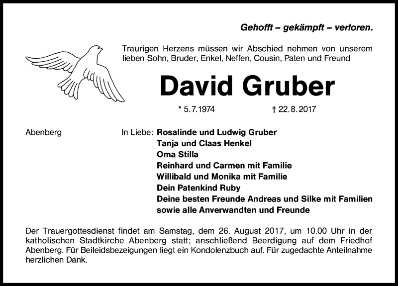  Traueranzeige für David Gruber vom 24.08.2017 aus Schwabach